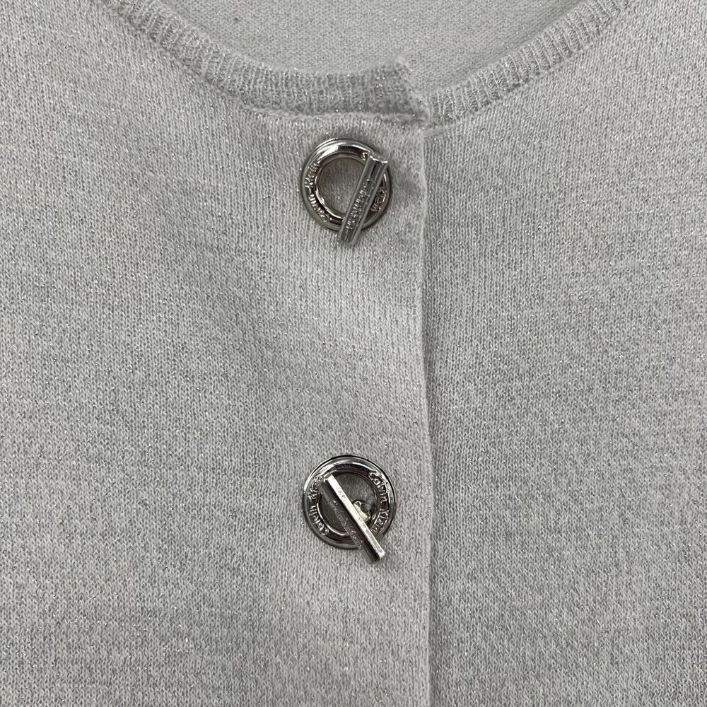 Metallic Cropped Sweater Large Calvin Klein Silver Knit Cardigan Toggle Buttons - Picture 3 of 7